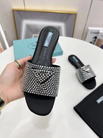 PRADA WOMEN'S SATIN SLIDES WITH CRYSTALS - PSD085