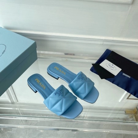 PRADA WOMEN'S SLIDES SANDALS IN LIGHT BLUE NAPPA LEATHER - PSD075