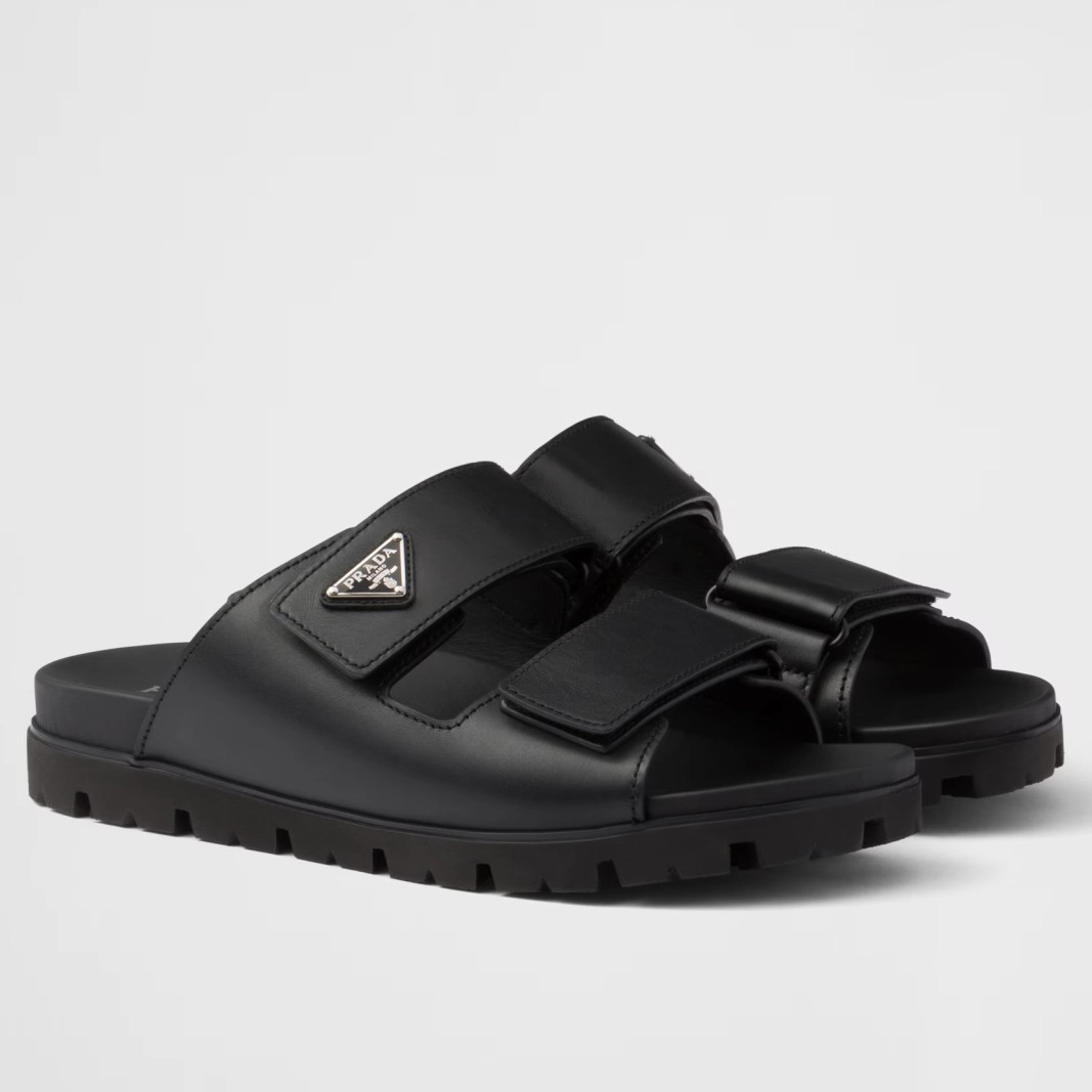 PRADA WOMEN'S STRAP SLIDES SANDALS IN BLACK CALFSKIN - PSD068