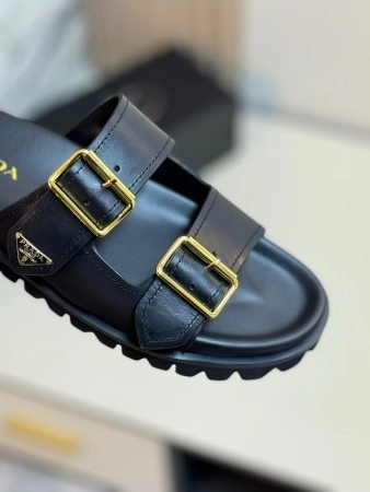 PRADA WOMEN'S STRAP SLIDES SANDALS IN BLACK LEATHER - PSD067