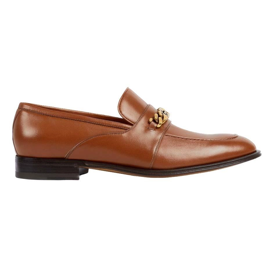 MEN'S LEATHER LOAFERS WITH INTERLOCKING G IN BROWN - GL110