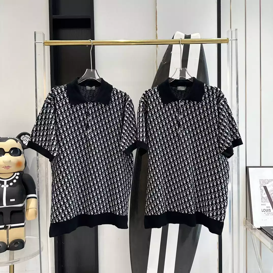 DI0R OBLIQUE POLO SHIRT BEIGE, BLUE AND BLACK COTTON JACQUARD - DOT058