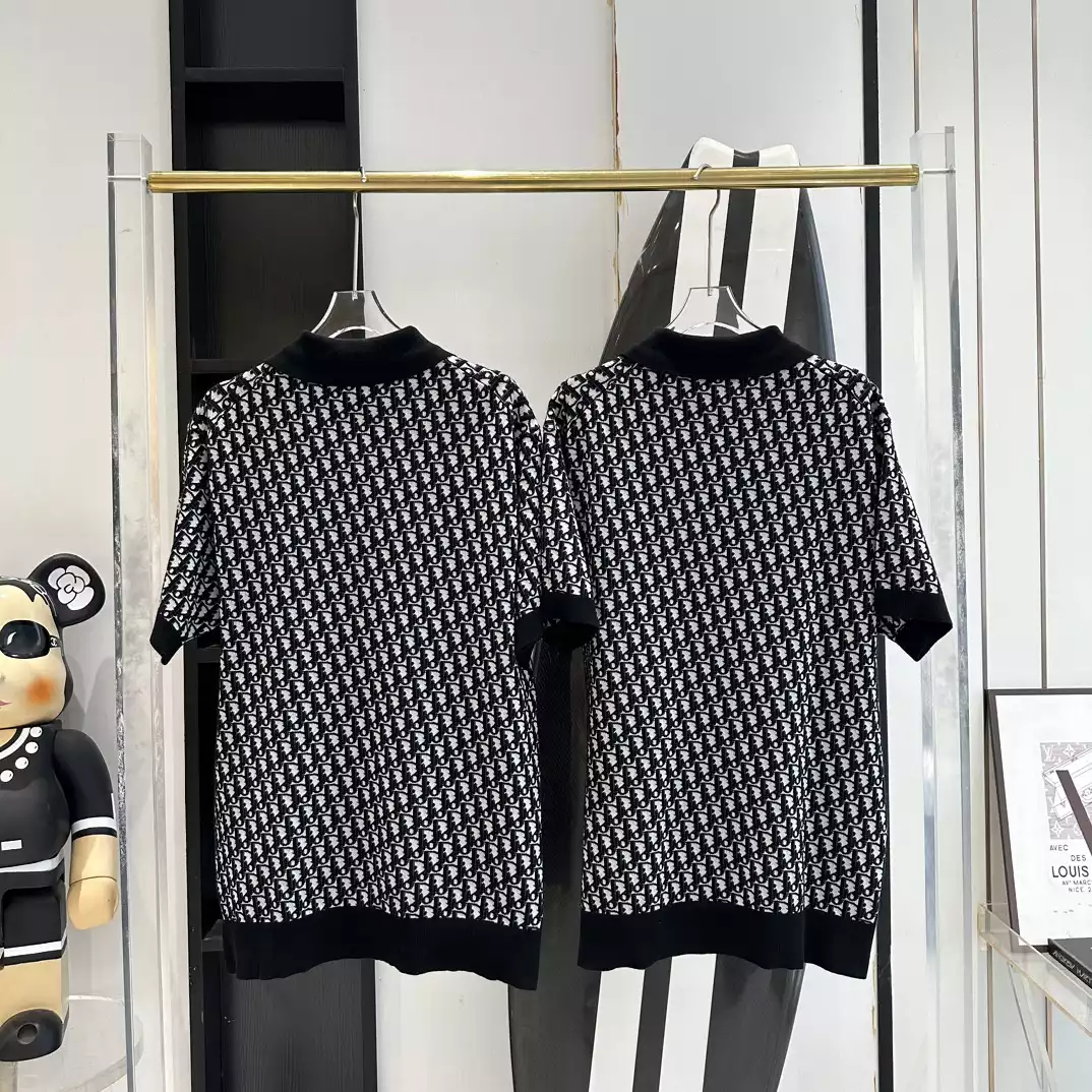 DI0R OBLIQUE POLO SHIRT BEIGE, BLUE AND BLACK COTTON JACQUARD - DOT058