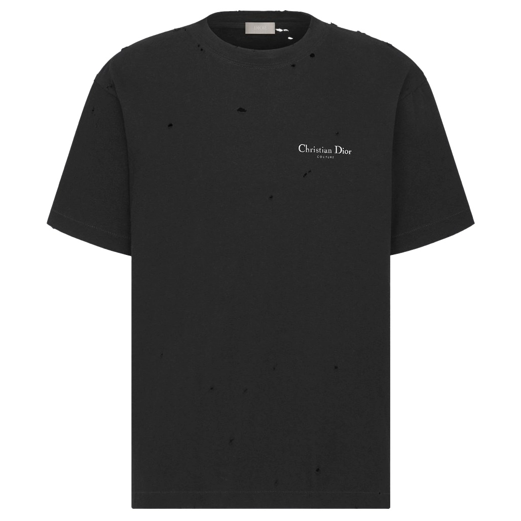 DIOR COUTURE T-SHIRT, RELAXED FIT BLACK DISTRESSED-EFFECT COTTON JERSEY - DOT044