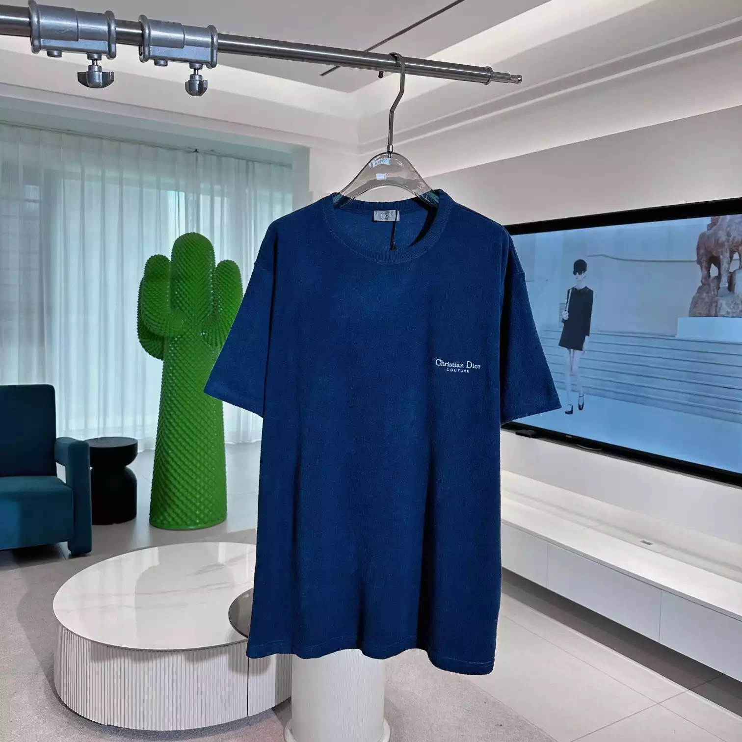 DIOR COUTURE T-SHIRT, RELAXED FIT BLUE TERRY COTTON - DOT039