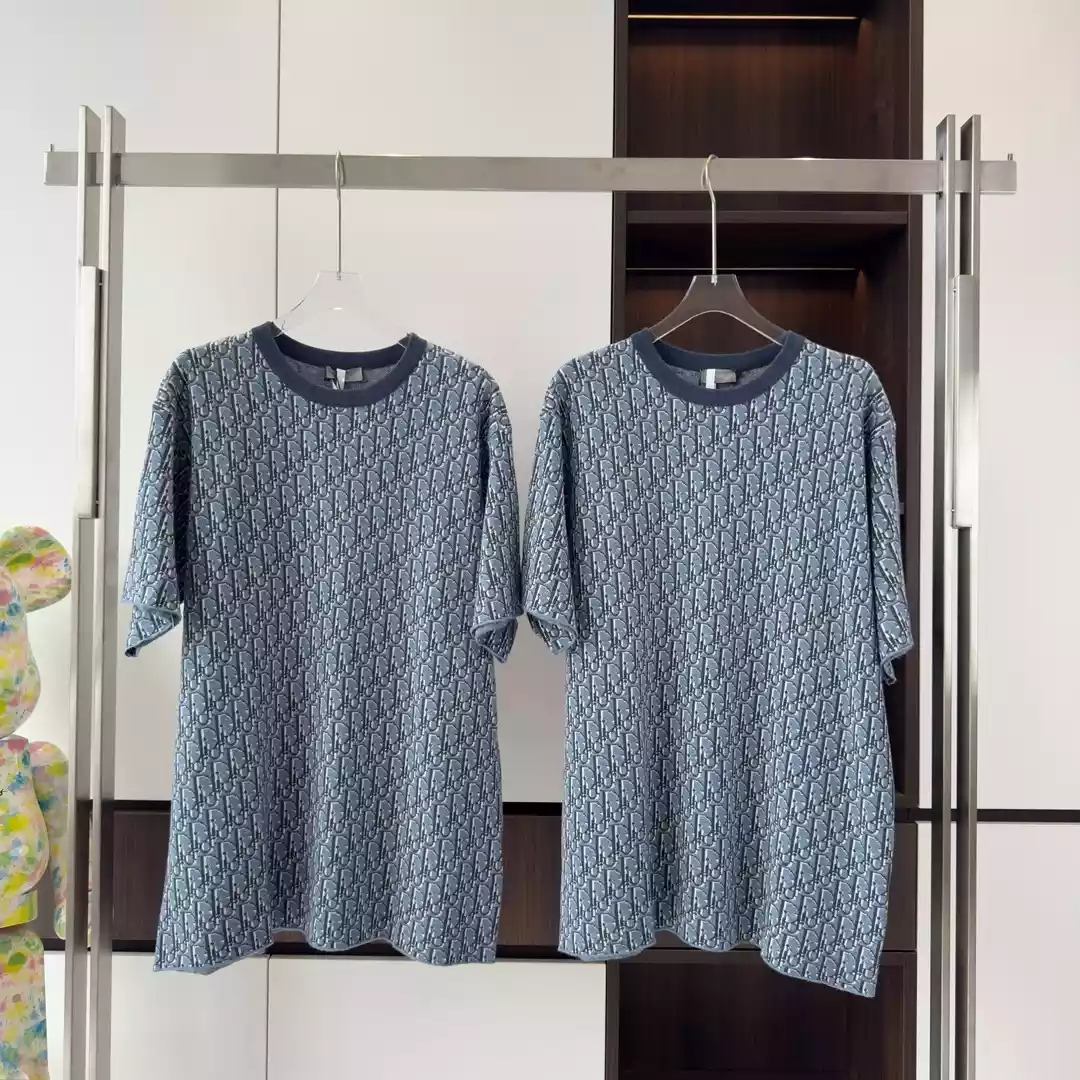 DIOR OBLIQUE T-SHIRT RELAXED FIT BLUE COTTON JACQUARD - DOT043