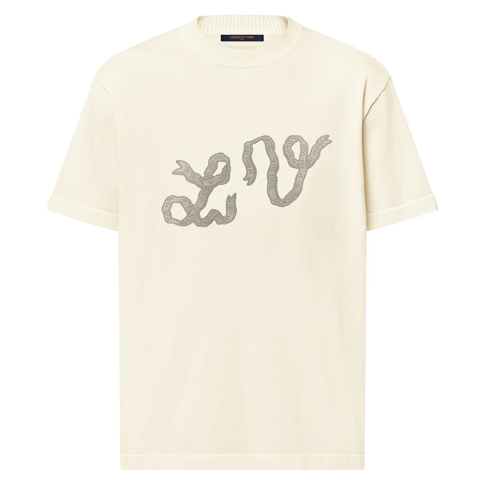 EMBELLISHED SHORT-SLEEVED COTTON CREWNECK IN WHITE - LVTS134 Damier Jacquard Short-Sleeved Crewneck - LVTS089