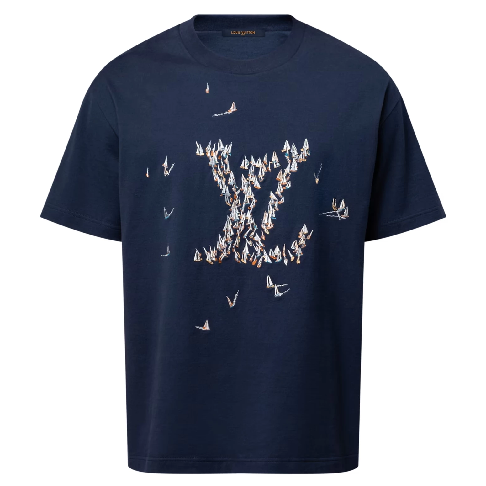EMBROIDERED COTTON T-SHIRT IN NAVY BLUE - LVTS094 Damier Jacquard Short-Sleeved Crewneck - LVTS089
