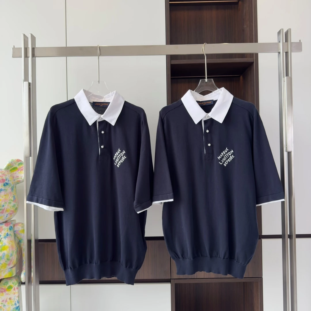 EMBROIDERED SHORT-SLEEVED COTTON BLEND POLO SHIRT - LVTS140 Damier Jacquard Short-Sleeved Crewneck - LVTS089