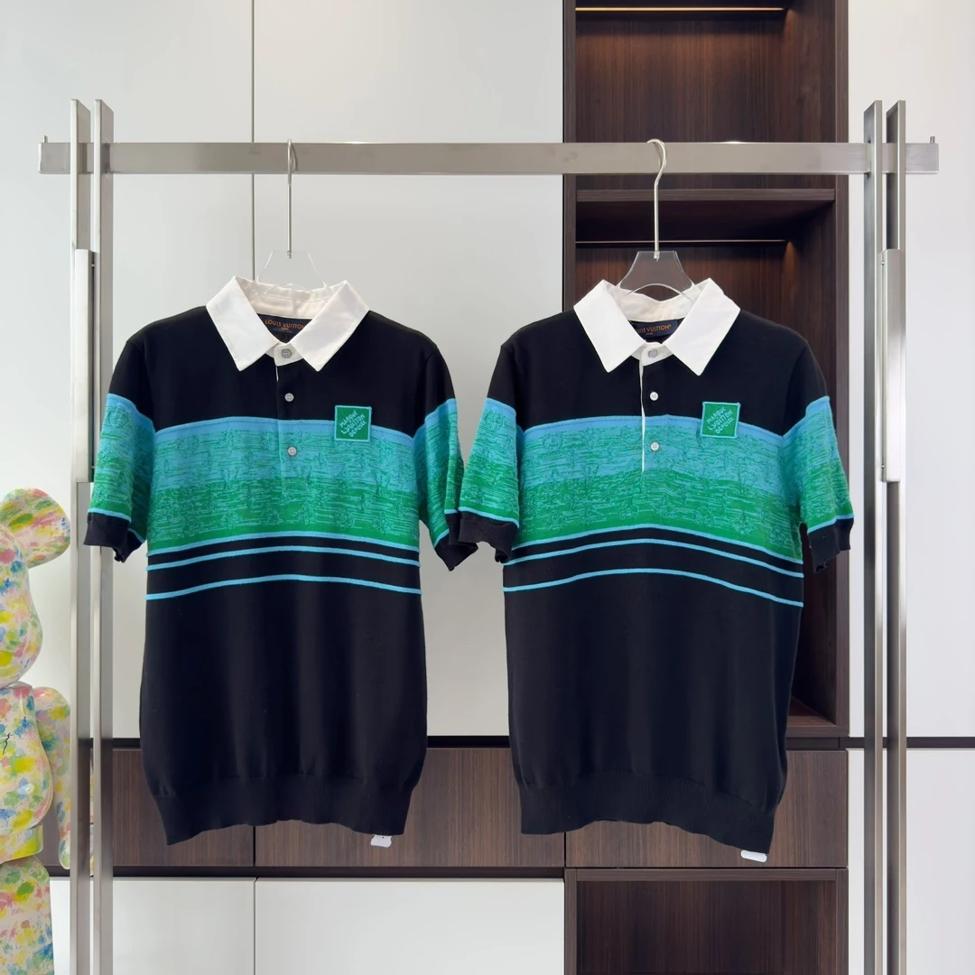 IRIDESCENT JACQUARD SHORT-SLEEVED POLO - LVTS138 Damier Jacquard Short-Sleeved Crewneck - LVTS089