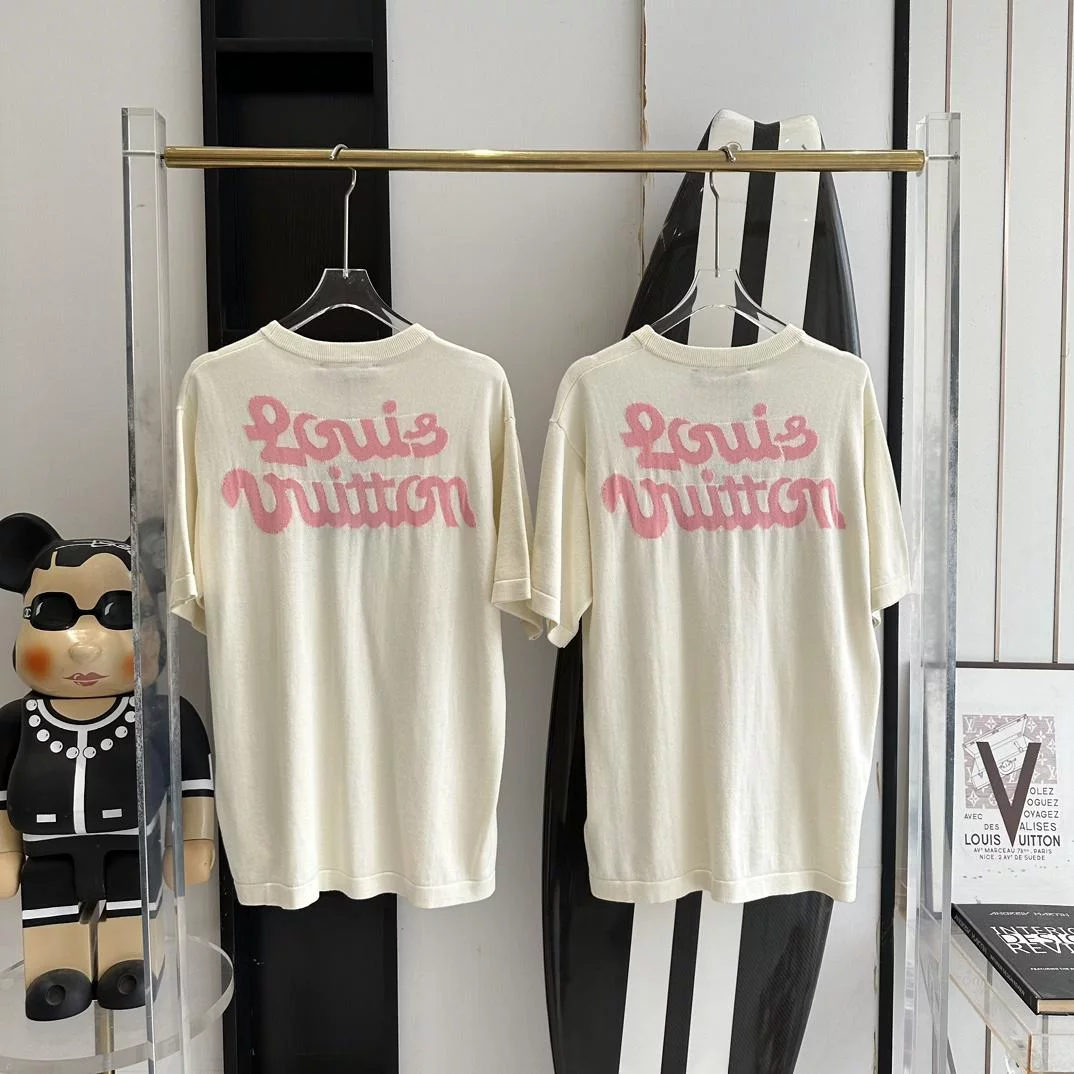 SHORT-SLEEVED COTTON KNITTED CREWNECK WHITE - LVTS137 Damier Jacquard Short-Sleeved Crewneck - LVTS089