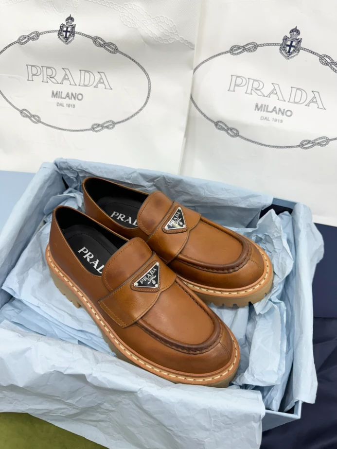 Prada Leather Loafers - PRL014 Prada Women's Double Chocolate Loafers in Cognac Leather