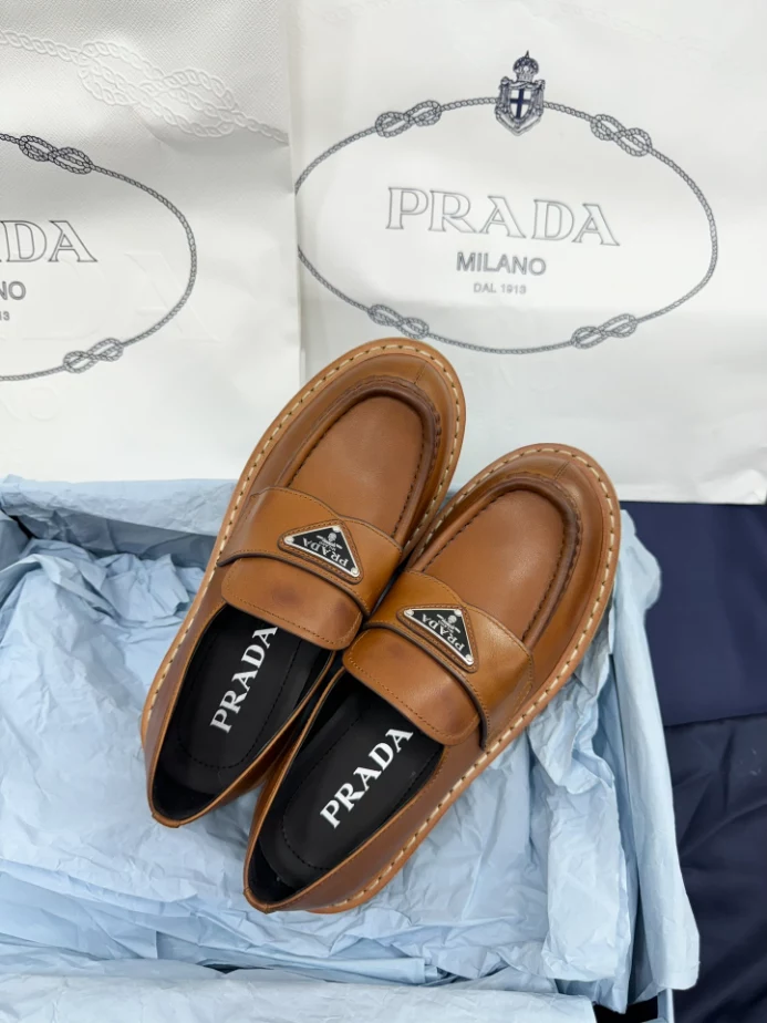 Prada Leather Loafers - PRL014 Prada Women's Double Chocolate Loafers in Cognac Leather