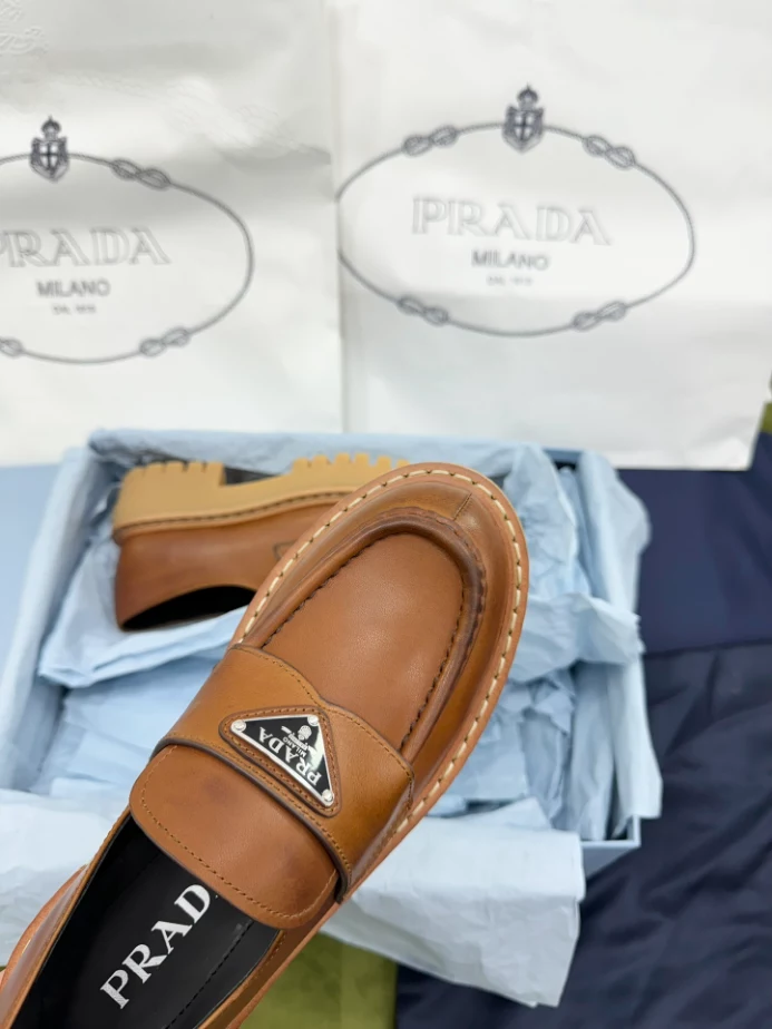 Prada Leather Loafers - PRL014 Prada Women's Double Chocolate Loafers in Cognac Leather
